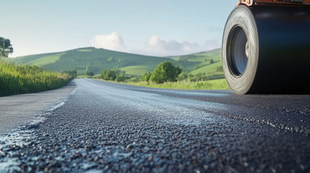 A close-up of a road roller smoothing fresh asphalt on a rural road, with rolling green hills in the backgroundの素材