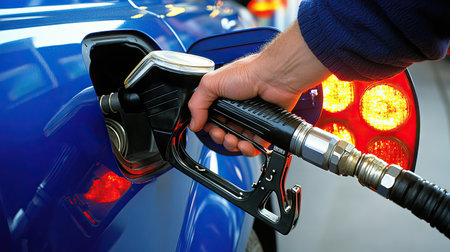 A close-up shot of a hand inserting the fuel nozzle into the car's gas tank, with the station's lights reflecting on the car's surfaceの素材