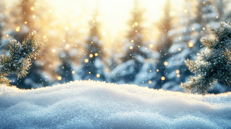 A close-up of sparkling snow crystals on a smooth snow drift, glowing under soft golden morning light with blurred evergreen trees in the backgroundの素材