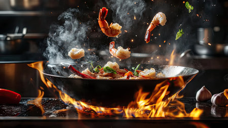 A wok pan tossing fresh seafood, garlic cloves, and herbs into the air, surrounded by glowing flames in a professional kitchen settingの素材