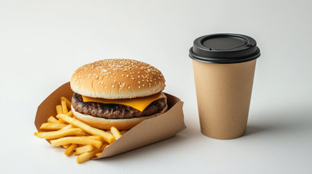 A neatly packaged hamburger with fries and a coffee cup, designed for takeaway, set on a white backgroundの素材