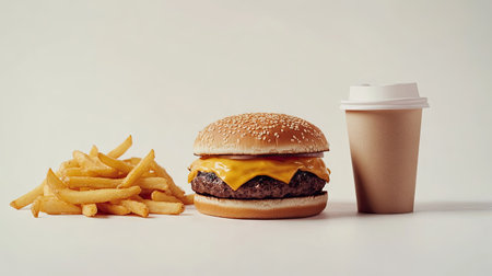 A juicy hamburger with melted cheese, golden fries, and a paper coffee cup with a lid, isolated against a bright white backgroundの素材