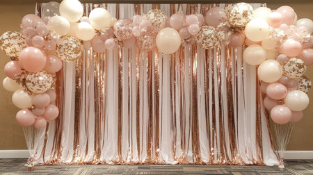 A modern party backdrop featuring rose gold and blush pink balloons, arranged in cascading layers with matching streamersの素材