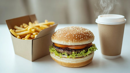 A minimalistic setup of a burger in a cardboard box, fries in a paper container, and a steaming coffee cup, all on a plain white surfaceの素材