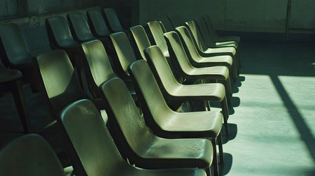 A peaceful shot of empty stadium seats in rows, with soft lighting casting shadows and giving a serene and quiet atmosphereの素材
