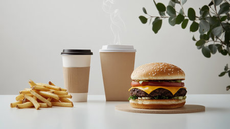 A juicy cheeseburger, crispy fries, and a steaming coffee cup, styled with eco-conscious cardboard packaging on a white surfaceの素材