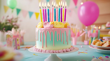 A modern drip cake with colorful frosting drips, topped with tall ombre candles and surrounded by a festive party tableの素材
