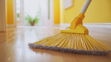 A close-up shot of a plastic broom sweeping trash from a light-colored floor, with the broom's bristles capturing the motionの素材