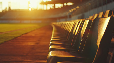 A close-up of rows of empty stadium seating, with the focus on the clean, empty seats leading towards the field under bright sunlightの素材