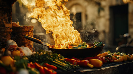A close-up of flames dancing around a frying pan on a street-side setup, with fresh vegetables and spices in the foregroundの素材