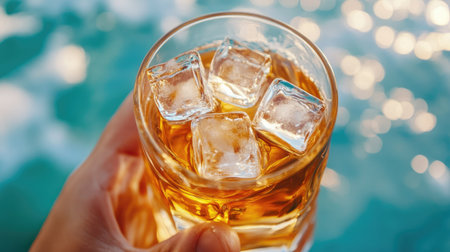 A close-up shot of a hand holding a glass of ice-cold beer with clear ice cubes, ready for a refreshing drink on a hot dayの素材