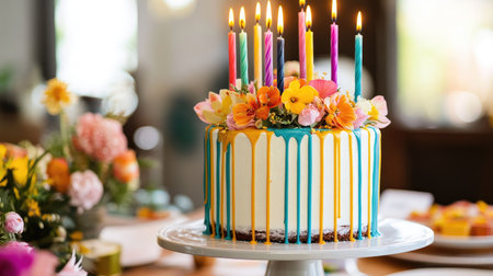 A modern drip cake with colorful frosting drips, topped with tall ombre candles and surrounded by a festive party tableの素材