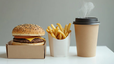 A minimalistic setup of a burger in a cardboard box, fries in a paper container, and a steaming coffee cup, all on a plain white surfaceの素材