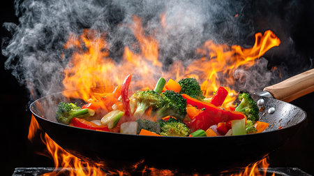 A wok pan tossing vibrant vegetables like bell peppers, broccoli, and carrots in mid-air, with flames rising dramatically in the backgroundの素材
