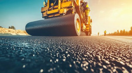 A large asphalt paving machine laying fresh blacktop on a highway, with workers guiding the process under a clear blue skyの素材