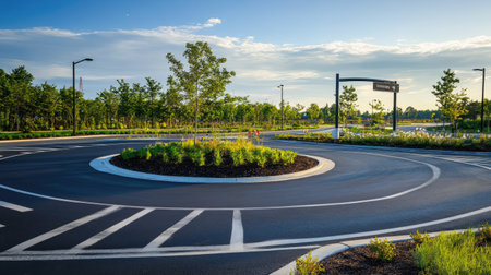 A newly constructed roundabout, with fresh asphalt and painted lines, surrounded by road signs and landscapingの素材
