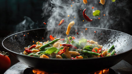 A lively stir-fry of colorful ingredients like snow peas, baby corn, and red chilies tossed in the air above a steaming wok panの素材