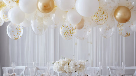 A sophisticated mix of clear, white, and gold confetti-filled balloons floating above a glass table with minimalist decorの素材