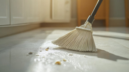 A close-up shot of a plastic broom sweeping trash from a light-colored floor, with the broom's bristles capturing the motionの素材