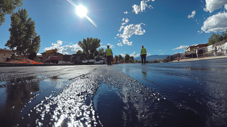 A close-up of freshly poured asphalt being spread and leveled by workers on a sunny day, with reflective heat waves visibleの素材