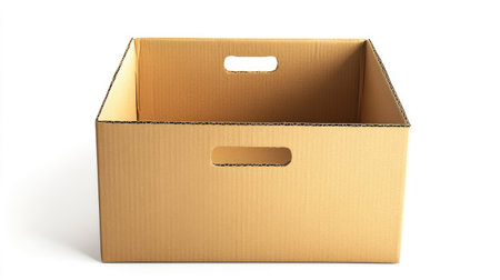 A large cardboard box with handles cut out on the sides, isolated on a bright white backgroundの素材