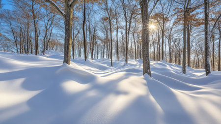 A peaceful forest scene with snow drifts piling up around tree trunks, sunlight streaming through branches and causing the snow to shimmerの素材