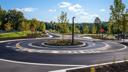 A newly constructed roundabout, with fresh asphalt and painted lines, surrounded by road signs and landscapingの素材