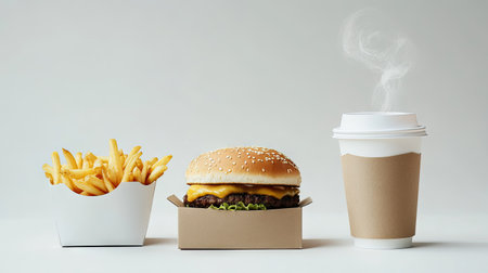 A minimalistic setup of a burger in a cardboard box, fries in a paper container, and a steaming coffee cup, all on a plain white surfaceの素材
