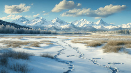 Sparkling snow drifts in an open meadow, with animal tracks winding through and a line of snow-capped mountains in the distanceの素材