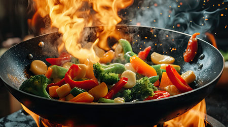 A wok pan tossing vibrant vegetables like bell peppers, broccoli, and carrots in mid-air, with flames rising dramatically in the backgroundの素材