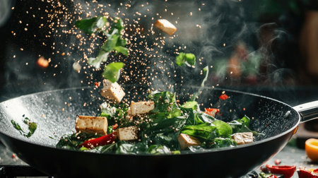 A wok pan tossing vibrant Asian greens, tofu slices, and sesame seeds, creating a dynamic, colorful mid-air explosionの素材