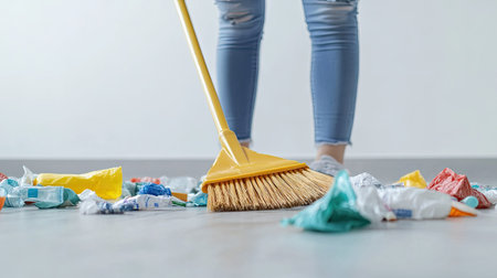 A person in a casual outfit sweeping garbage on a clean floor with a plastic broom, set against a simple backgroundの素材