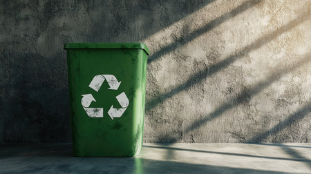 A modern green recycling bin with a white symbol, slightly tilted and casting a shadow on a textured concrete backgroundの素材