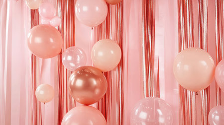 A modern party backdrop featuring rose gold and blush pink balloons, arranged in cascading layers with matching streamersの素材