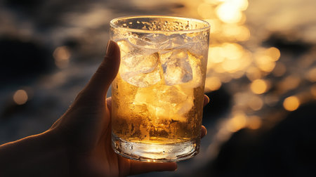 A person's hand holding a glass of beer with ice cubes in it, the frosty glass against the backdrop of a beach or outdoor barの素材