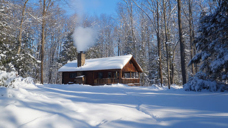 Sparkling snow blanketing a small cabin in the woods, the roof covered with fresh drifts and smoke rising from the chimneyの素材