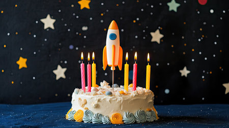 A space-themed cake with rocket decorations and vibrant orange and yellow candles, set against a starry backdropの素材