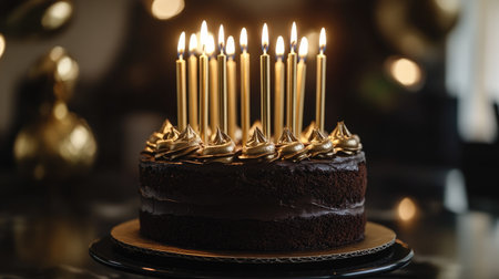 A chocolate fudge cake topped with metallic gold candles, set against a luxurious black and gold party themeの素材