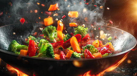 A wok pan tossing vibrant vegetables like bell peppers, broccoli, and carrots in mid-air, with flames rising dramatically in the backgroundの素材