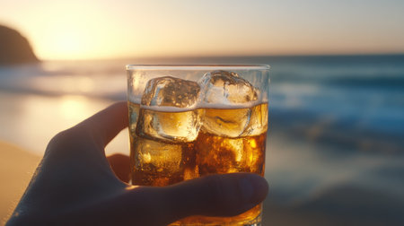 A person's hand holding a glass of beer with ice cubes in it, the frosty glass against the backdrop of a beach or outdoor barの素材