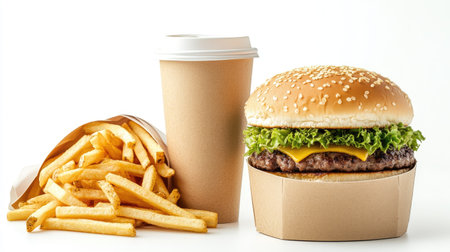 A neatly packaged hamburger with fries and a coffee cup, designed for takeaway, set on a white backgroundの素材