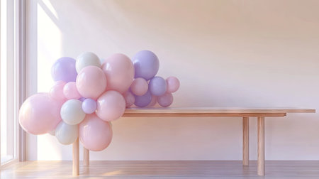 A pastel-colored balloon garland in shades of pink, lavender, and mint, draped over a minimalist wooden table with elegant party decorの素材