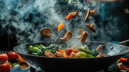 Ingredients like mushrooms, bok choy, and chicken pieces flipping in mid-air above a wok pan, with smoke and steam adding atmosphereの素材