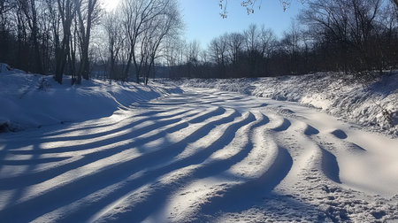 Snow drifts forming intricate patterns on a frozen river, sparkling under the midday sun, with bare branches casting long shadowsの素材