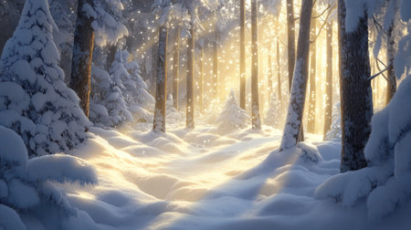 A peaceful forest scene with snow drifts piling up around tree trunks, sunlight streaming through branches and causing the snow to shimmerの素材