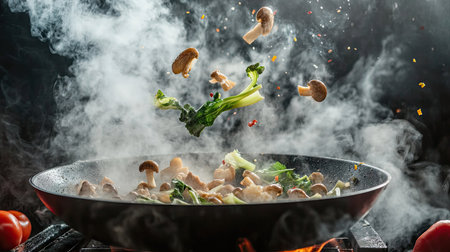 Ingredients like mushrooms, bok choy, and chicken pieces flipping in mid-air above a wok pan, with smoke and steam adding atmosphereの素材