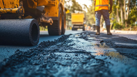 Workers applying hot tar with rollers to repair cracks on a suburban road, with a parked utility truck in the backgroundの素材