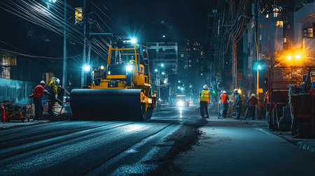 A nighttime road construction scene, with floodlights illuminating workers laying asphalt on an empty urban streetの素材