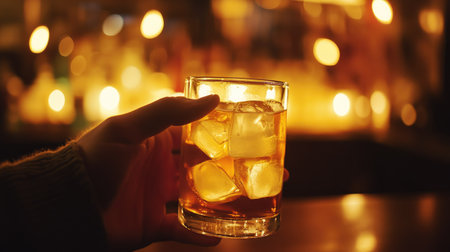 A person's hand holding a glass of cold beer with ice, ready to enjoy in a cozy bar atmosphere with dim lightingの素材