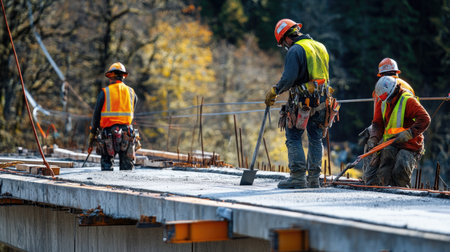 Workers in safety vests repairing a bridge, using tools to smooth fresh concrete while suspended over a riverの素材